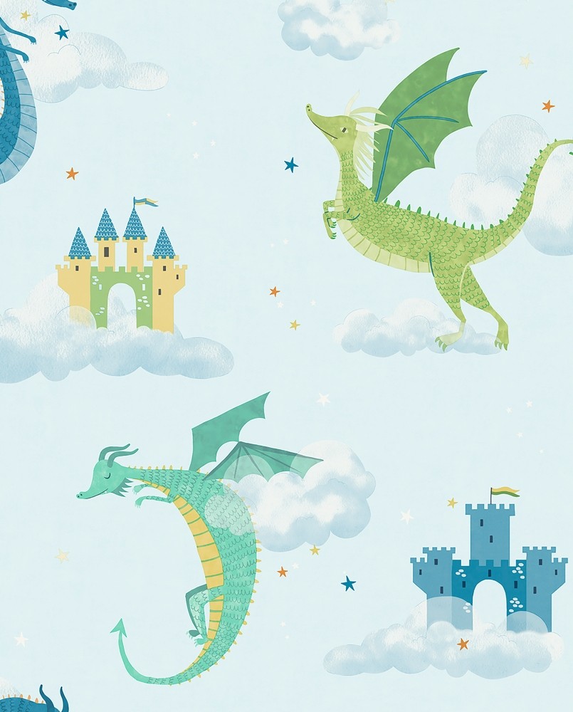Papier peint intissé enfant Bleu Dragon