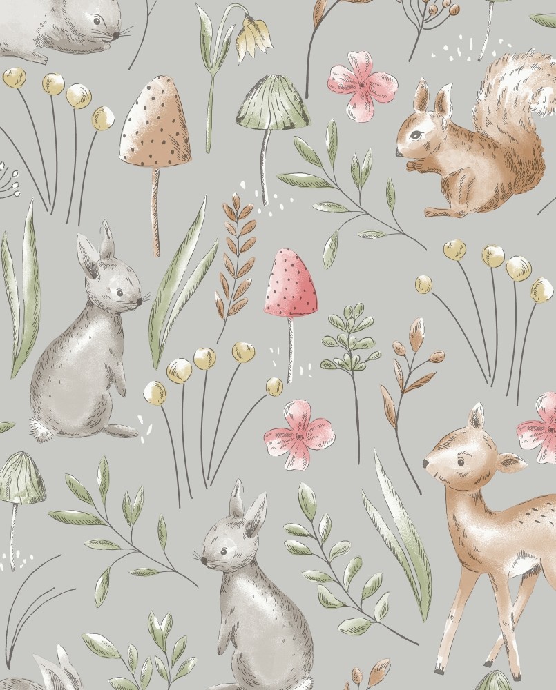 Papier peint intissé enfant Gris Forêt Enchantée